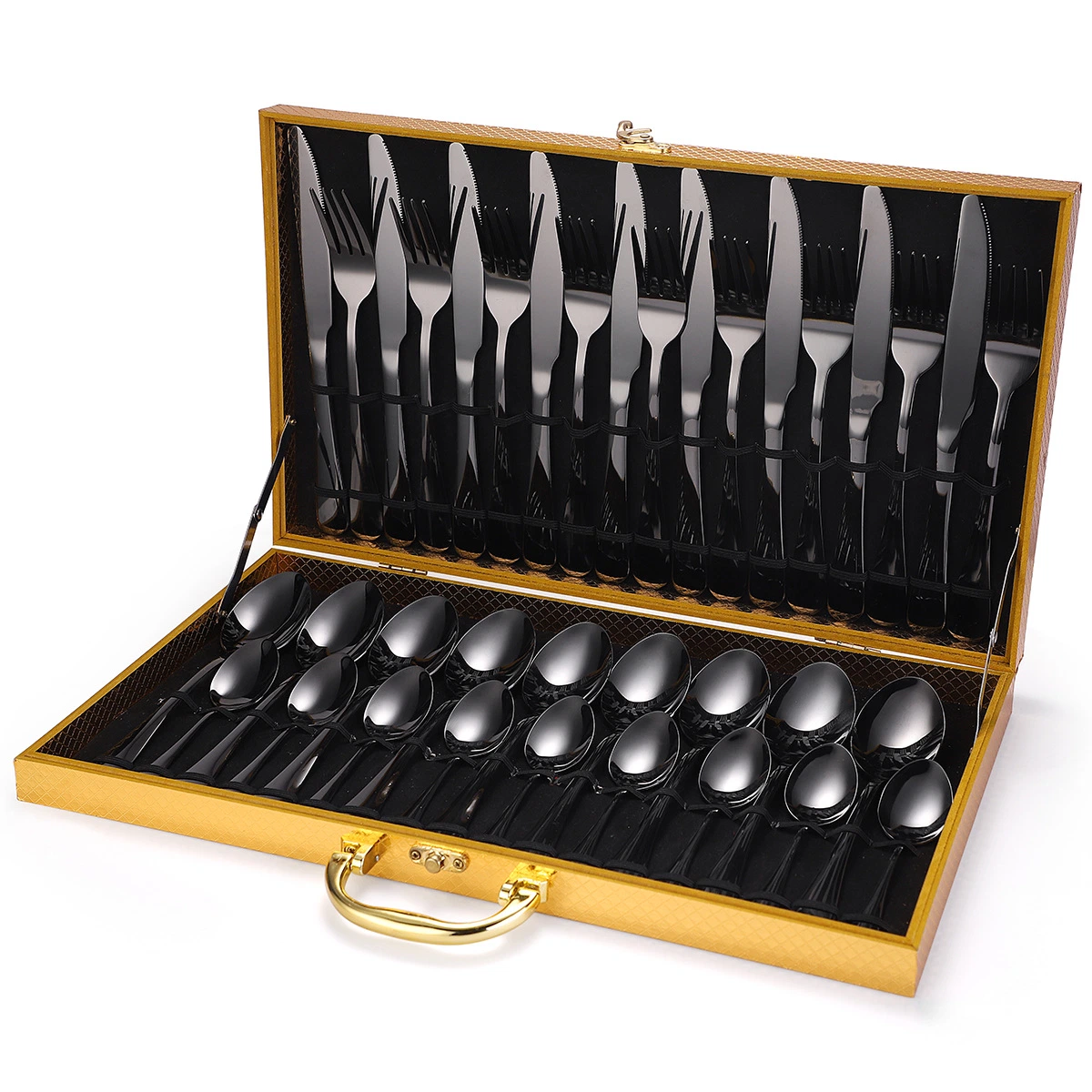 36 PCS Wooden Box Package Stainless Steel Gold Cutlery Set