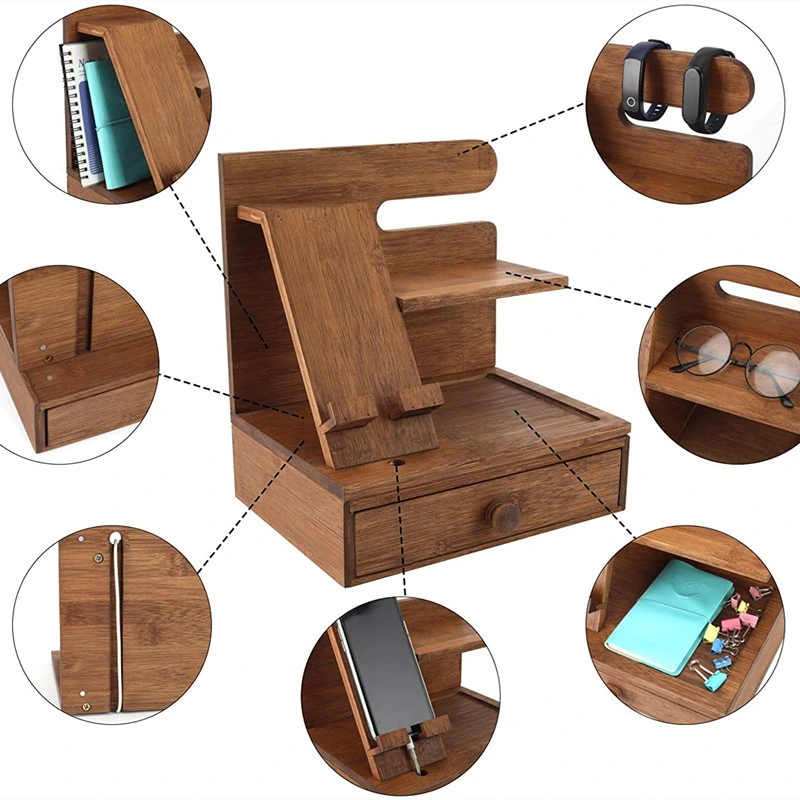 Aveco Desktop Deep Color Home Office Storage Wooden Mobile Phone Holder Glasses Watch with Drawer