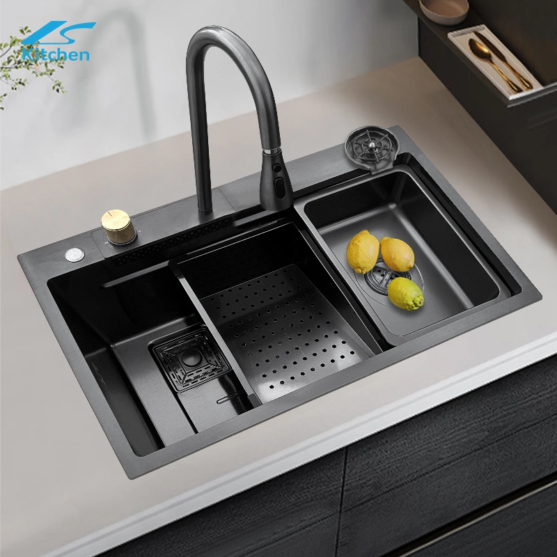 Nano Black Stainless Steel Handmade Above Mount Waterfall Faucet Farmhouse Kitchen Sinks