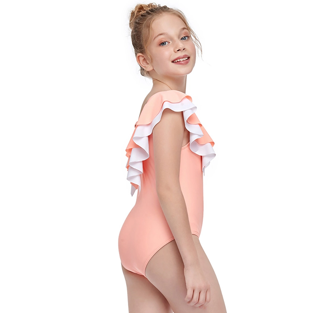 New European and American One-Piece Swimsuit Double Ruffled Children&prime; S Swimwear V-Neck Package Hip Solid Color Beachwear