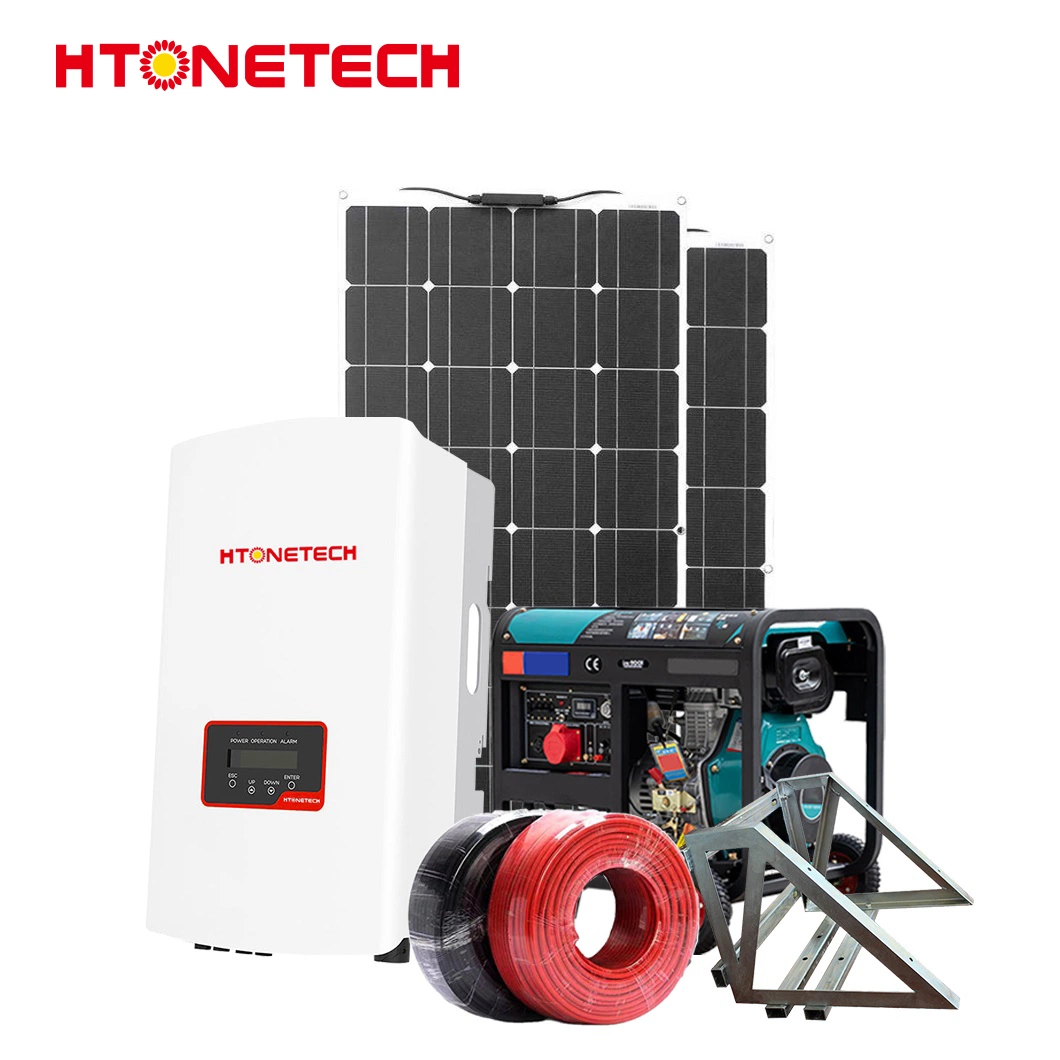 Htonetech Monocrystalline Flexible Full Black Solar Panel Solar Inverter off Grid China 20kw Solar Power System with 20kVA Diesel Generator Super Silent