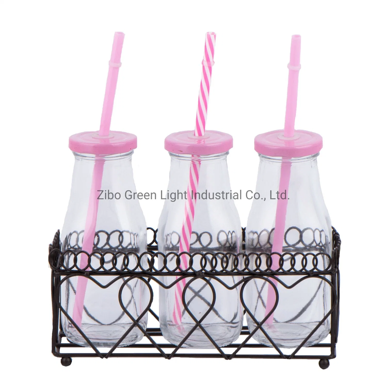 3PCS 300ml Glass Bottle with Metal Rack and Plastic Straw for Juice Soft Drink