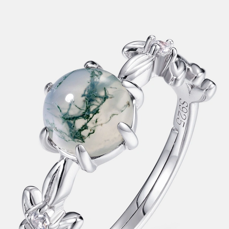 Moss Agate Engagement Ring Vintage Solid Silver Art Deco Dainty Unique Round Bridal Promise Ring