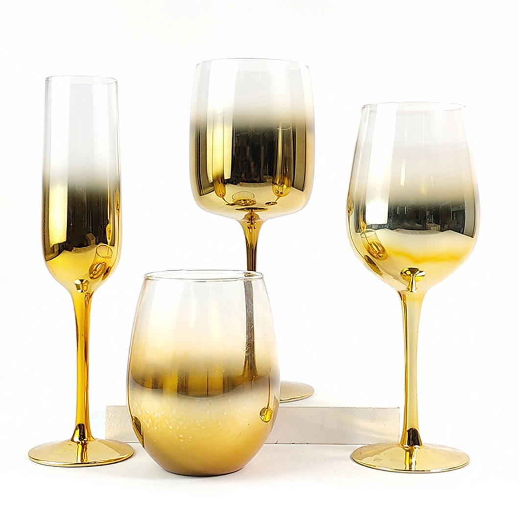 Hot Sale Hand Made Soda Lime Luxury Reusable Wine Glassware Set with Gradient Gold Color Electroplating