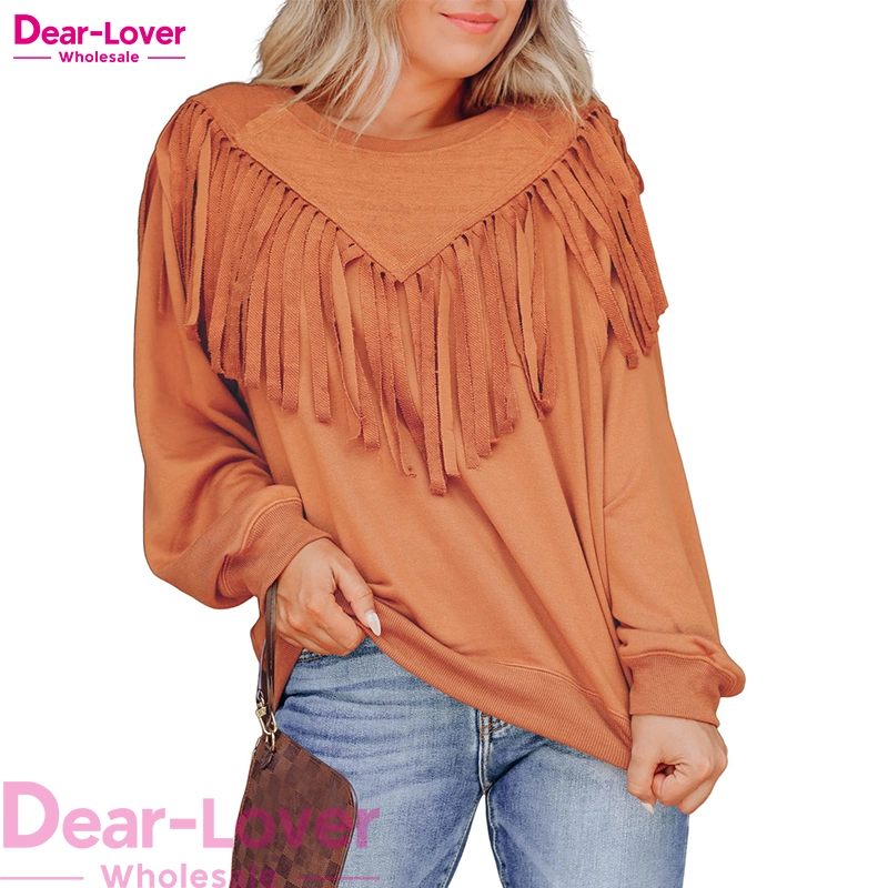 China Fabricante de ropa occidental Dear-Lover personalizado Color sólido Chevron flequillo suelto Pullover Mujer Sudadera Crewneck