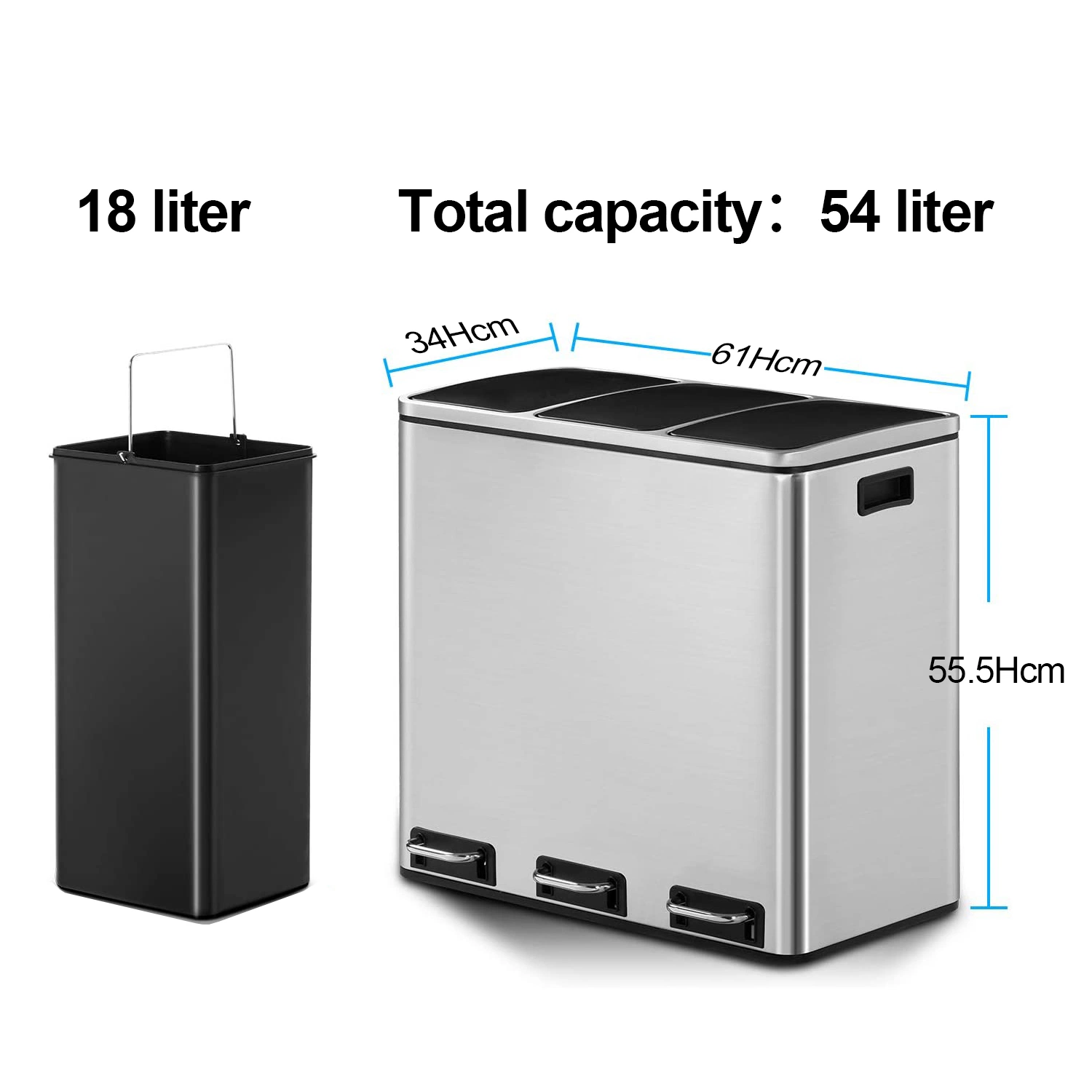 Big Size Three Compartments 54L Kitchen Trash Can