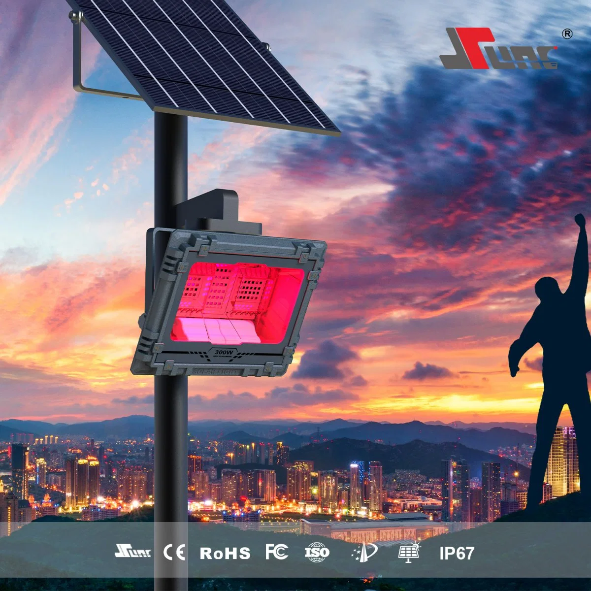 Nuevo diseño exterior IP65 500W RGB Solar Flood Light Connectblue Diente