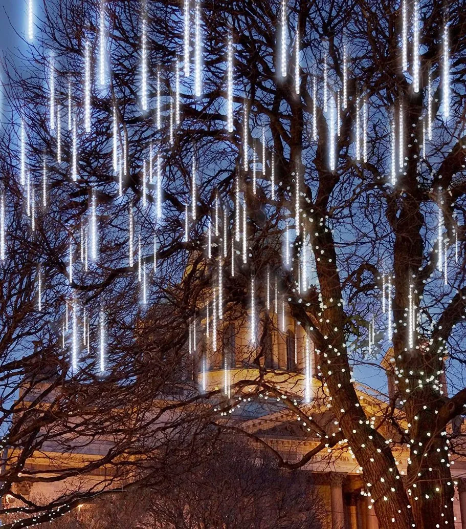 Las luces de Navidad Solar Lluvia de Meteoros cayendo la lluvia caída de las luces de tubo de la cadena Icicle 10 50cm para la Navidad Fiesta de Vacaciones Casa patio piscina decoración (azul).