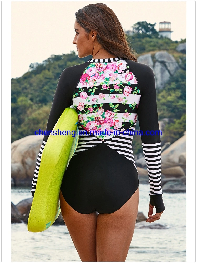 New One Piece Long Sleeves Women Swimwear Floral Print Bathing Suit Lady Swim Surfing Wear