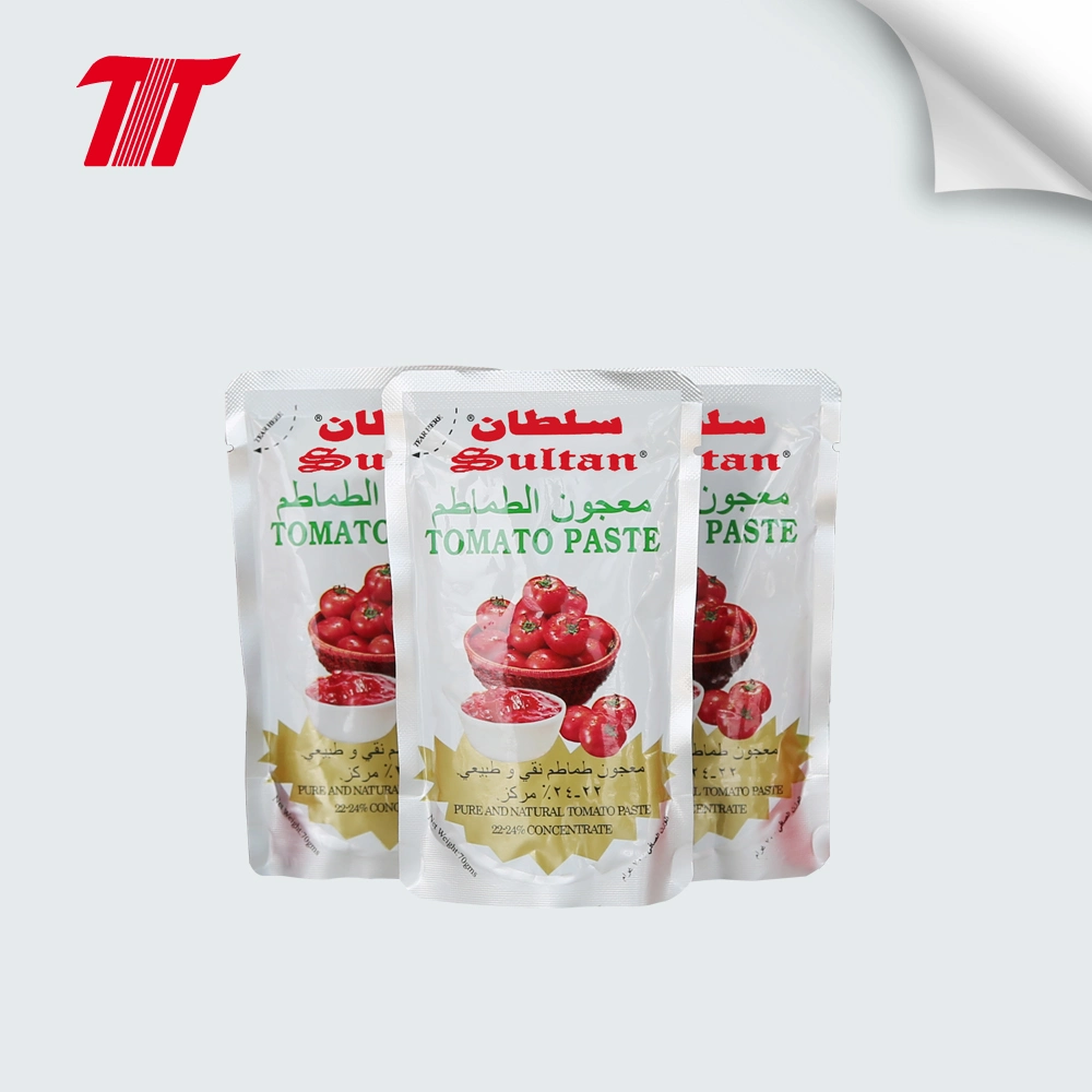 70G*25*4 Al-Mudhish Bolsa de marca de pasta de tomate del 22 al 24% Brix, Línea de producción de puré de tomate