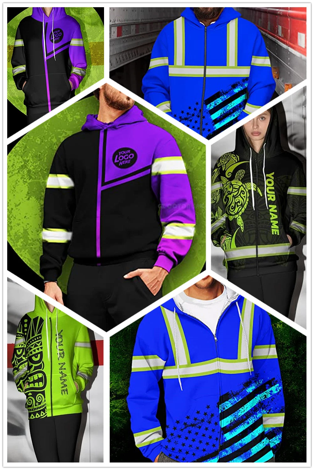 Custom Polyester Reflective Sublimation Jacket Hi Vis Waterproof Safety Work Clothing Men Zip Hoodies