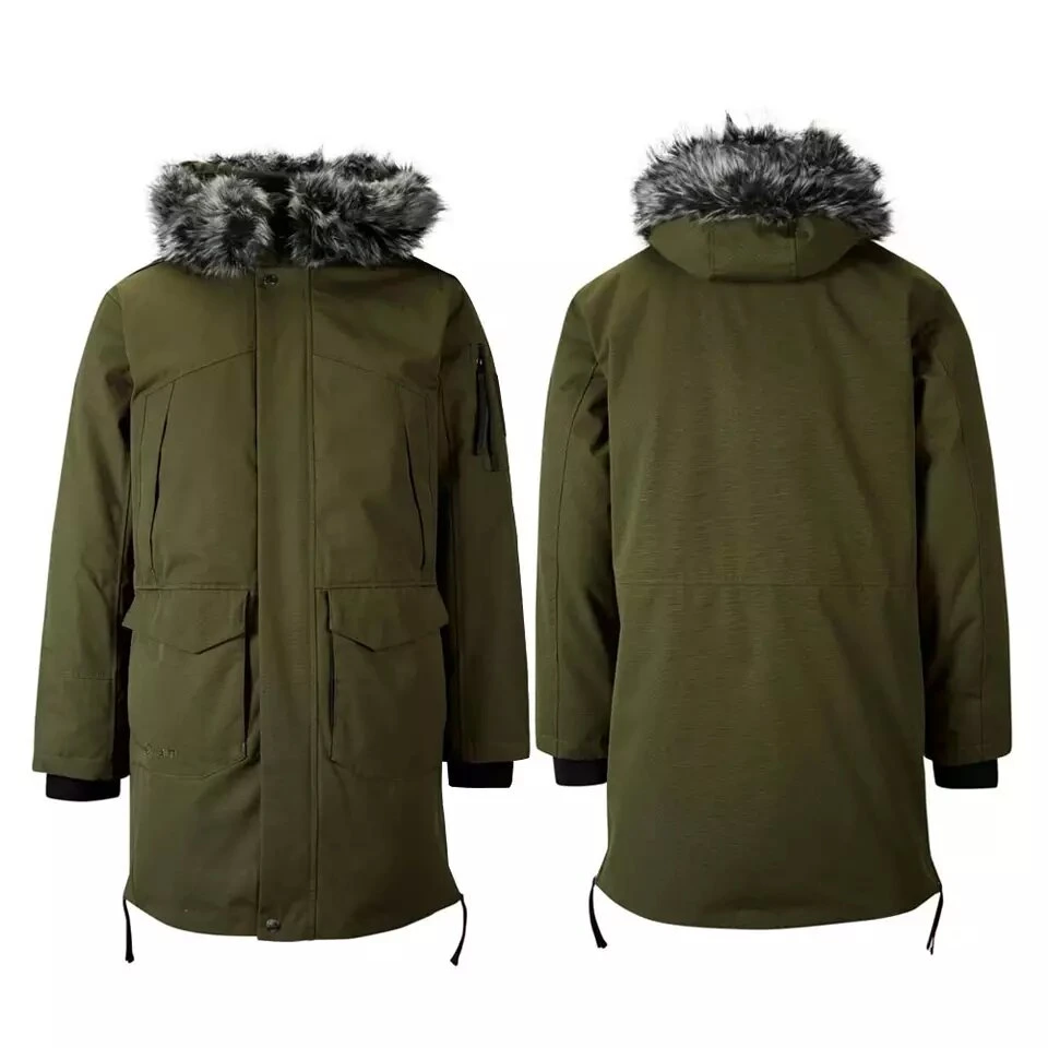 OEM de los hombres de negocios Collar de Piel de gran tamaño del ejército de llanura Puffer chaqueta con capucha verde anorak