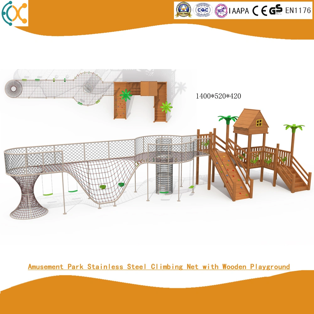 Outdoor Wooden Adventure Playground with Climbing Net in Amusement Park