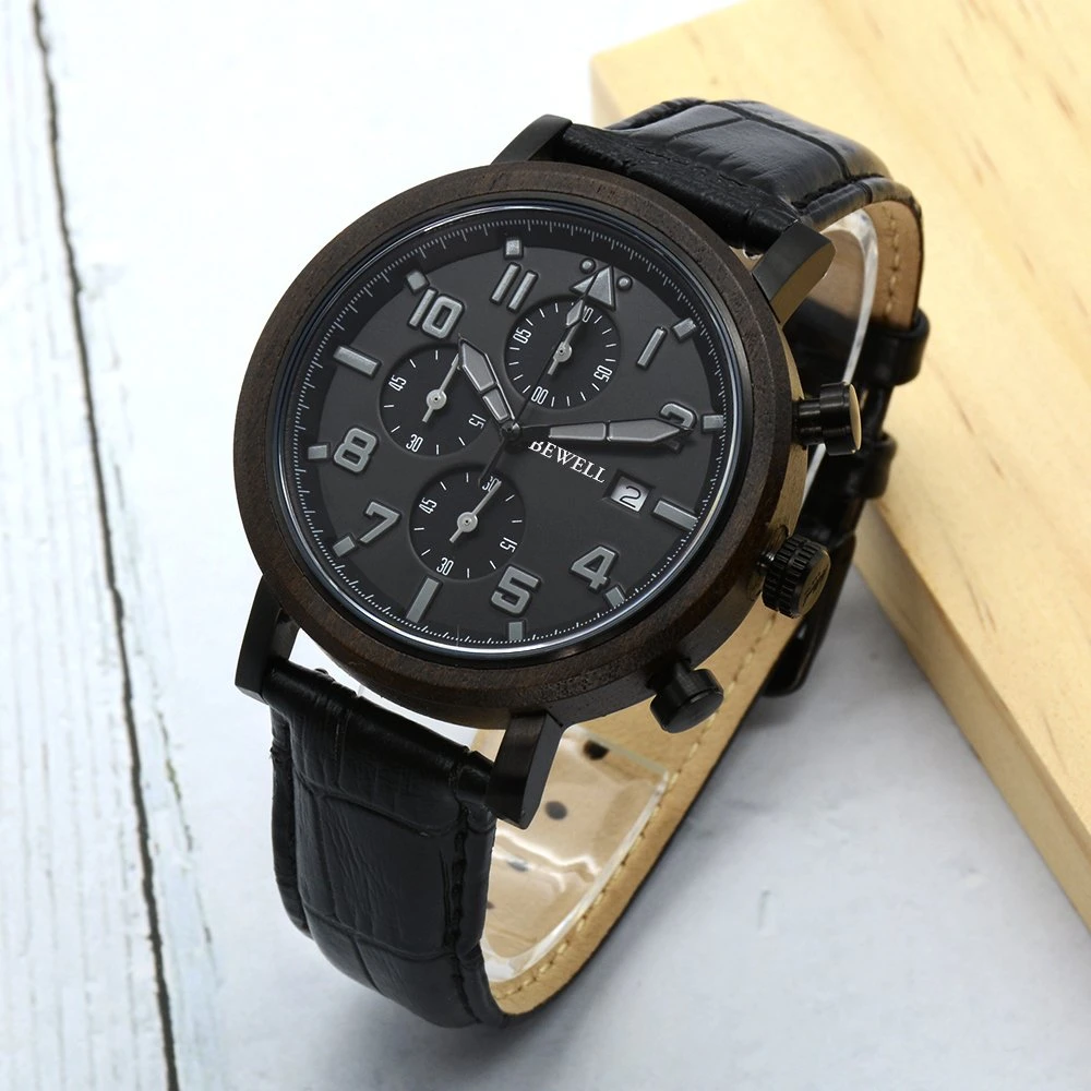 Bewell Fashion Gift Wood&Metal Genuine Leather Man Wrist Wood Watch