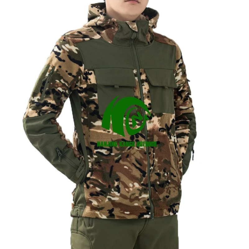 Blusão de velo camuflado para outono e inverno tático com capa macia camuflada Quebra-ventos quentes Coat Exterior Hooded Army roupas