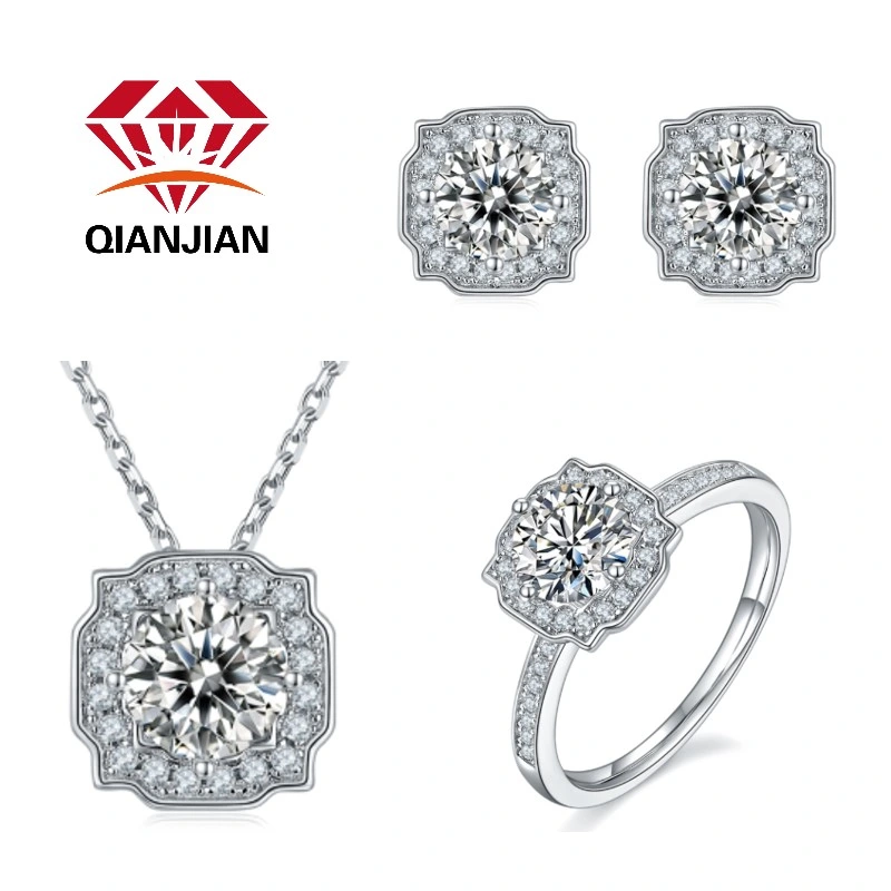 Fashion 925 Silver Bridal Moissanite Diamond Necklace Earring Ring Wedding Jewelry Set