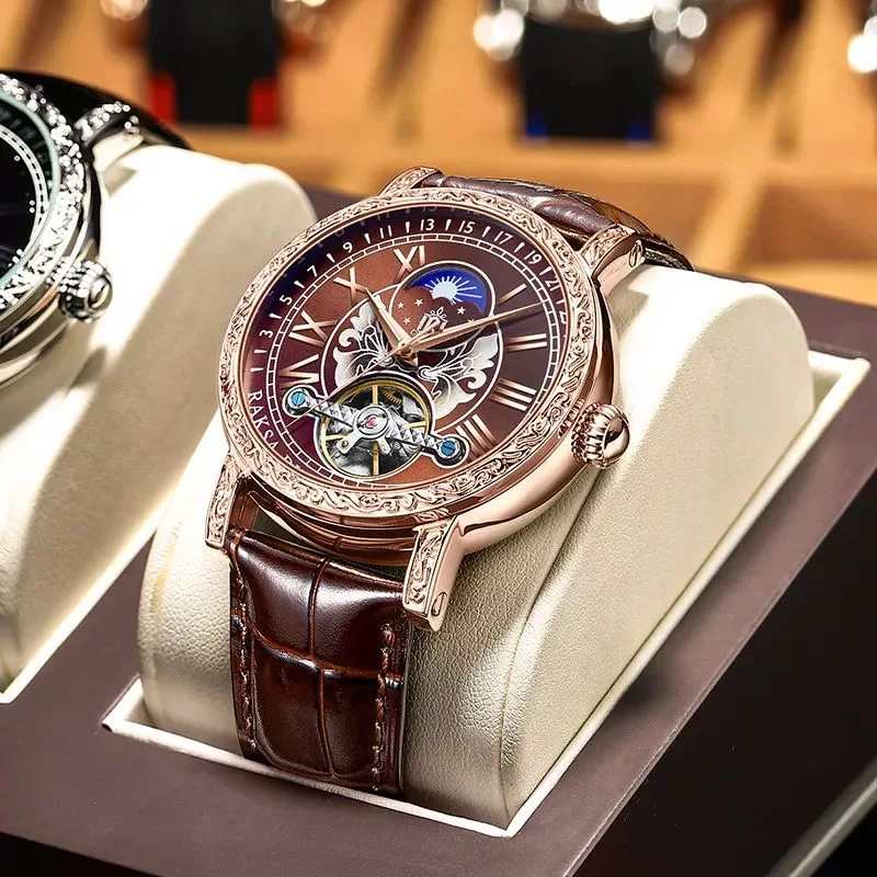 Raksa Duke T867L Top Luxus Business Automatic Mechanical Watch Fashion Leder Herrenuhr Leuchtende wasserdichte Hollow Uhr