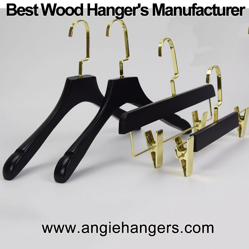 Shiny White&Matt Black Wooden Top Clothes Hangers with Golden Flat Hook/ Bottom Gold Clips Hangers for Russian Market