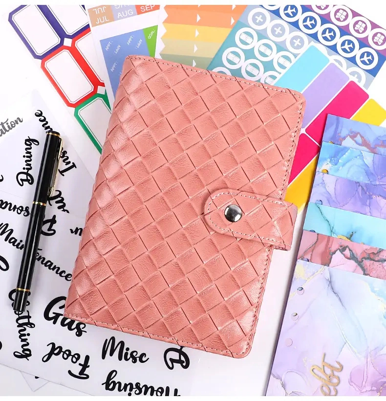 Caderno em pele PU Budget Binder A6 – argola de 6 folhas soltas Dossier organizador de dinheiro para sistema com bolsos de encadernador de plástico de manga