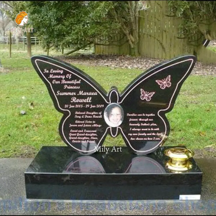 Custom Natural Stone mano tallada Mariposa granito Negro graves Headstone