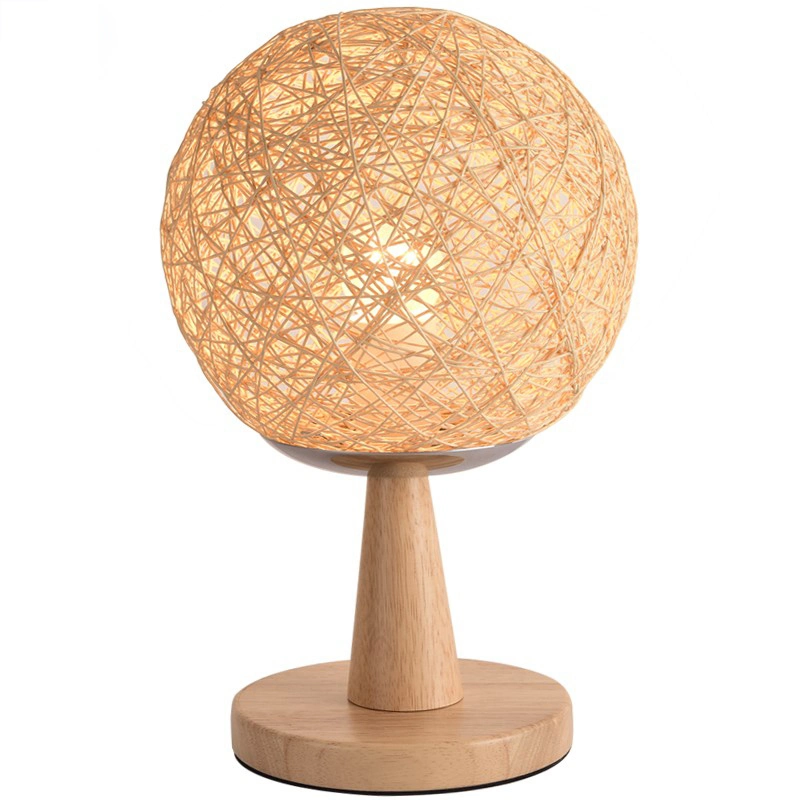 JLT-R07 lampe de table lumineuse naturelle boule ronde en bambou rotin rond Base en bois massif pour l'éclairage de la chambre