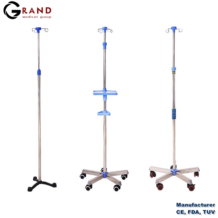 Blood Support Hospital Furniture Transfusion Removable Stainless Steel 4 Hook IV Pole Infusion Stand with Wheels Medical Supply