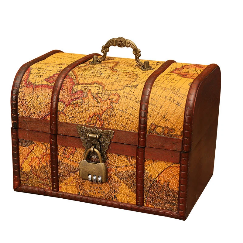 Ancient Ins Style World Map Retro Box Makeup Organizer with Lock