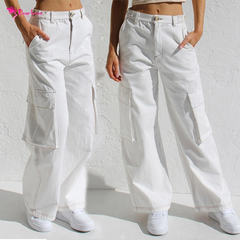 Dear-Lover Fashion Wholesale Denim Jeans Streetwear Custom Women's Pants Women White Wide Leg Flap Pocket Cargo Pant Jeans