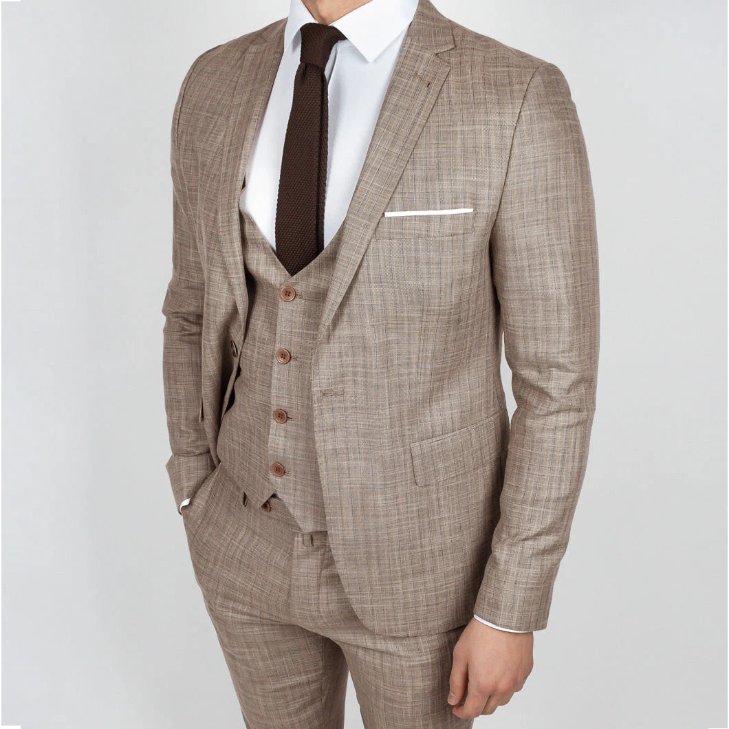 Three-Piece Suit for Men with Grey /Brown Cotton and Linen Texture