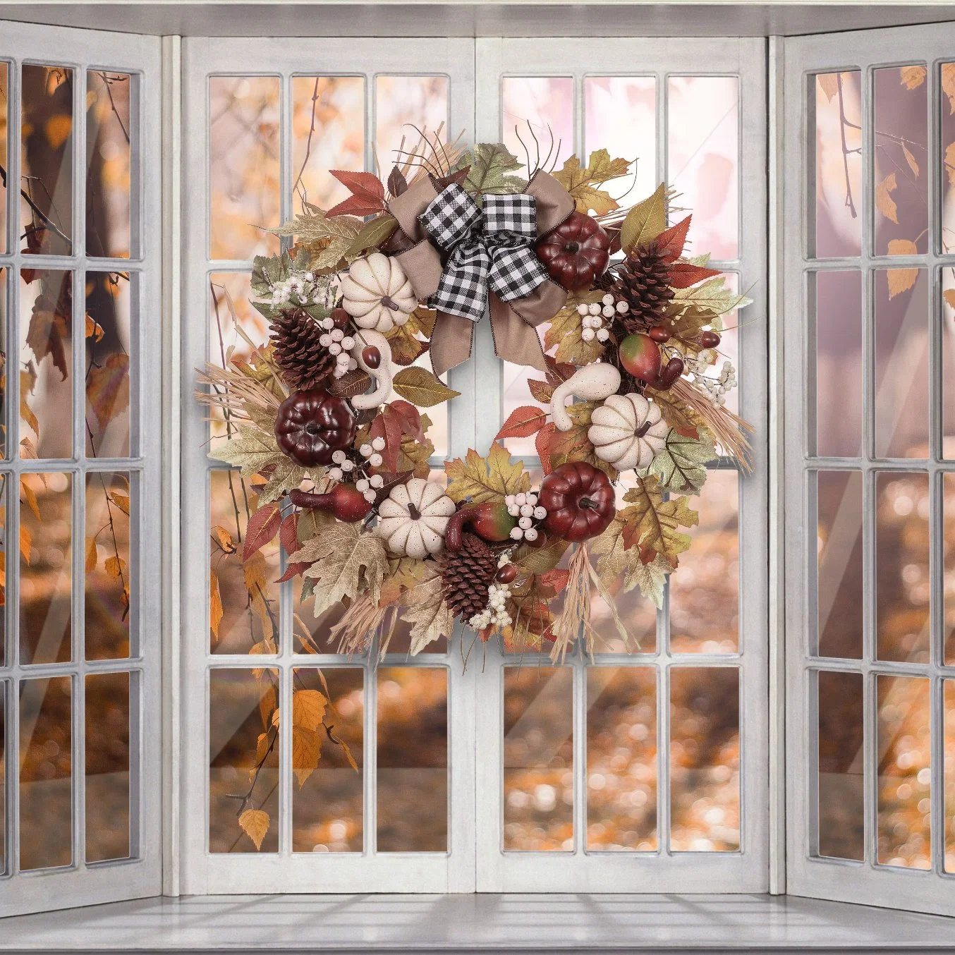 24 Inch Artificial Fall Harvest Pumpkin Door Wreath for Decorations