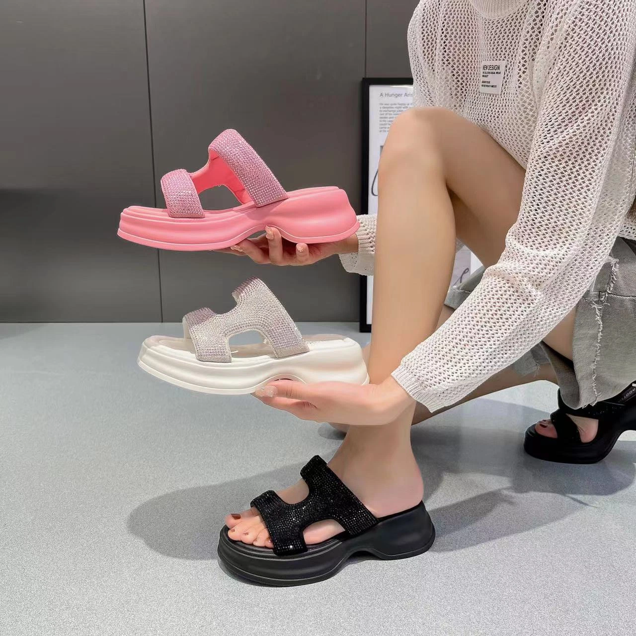 Women Summer Slippers Ladies Glitter Versatile Sandals Outdoor Wedge Heel Fashion Causal High Heel Shoes Slingbacks Platform