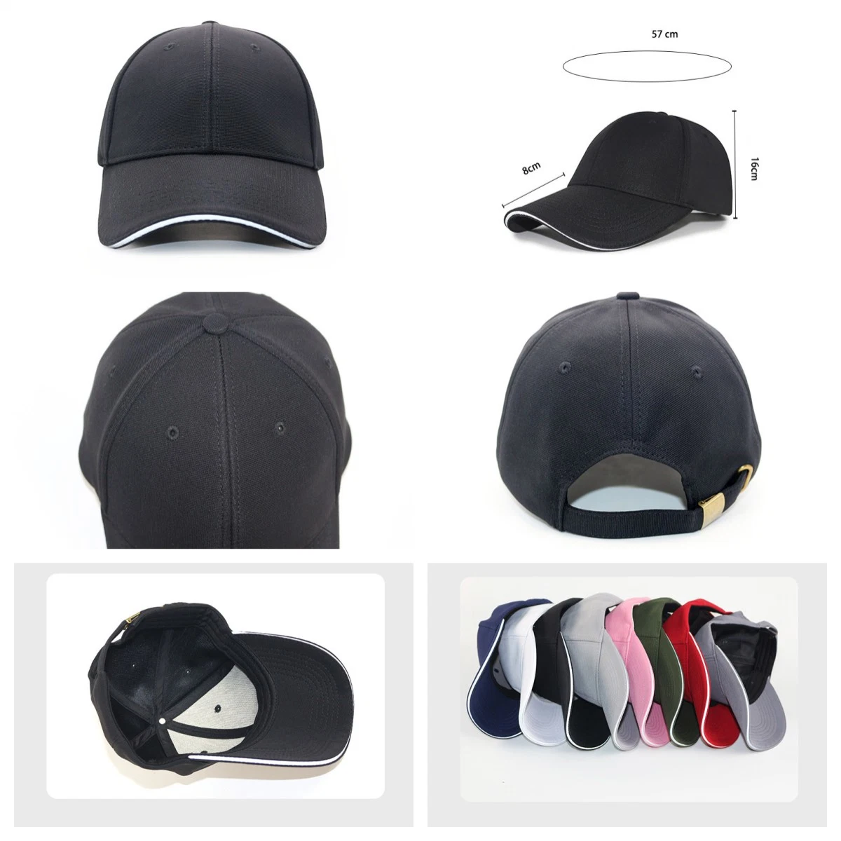 Commerce de gros de promotion adultes 100% coton noir classique Sandwich bouchons sport unisexe broderie personnalisée réglable 6 bord équipé plaine coloré Casquette de baseball