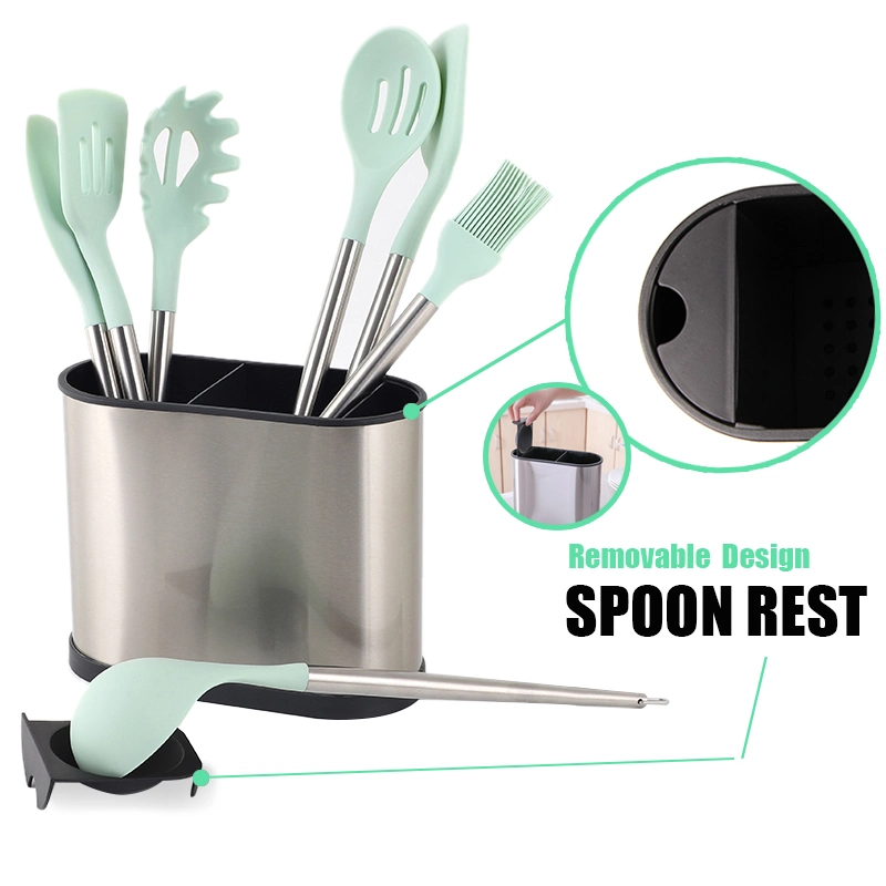 Kitchen Plastic Metal Stainless Steel Cutlery Kitchen Utensil Holder with Drain Holes