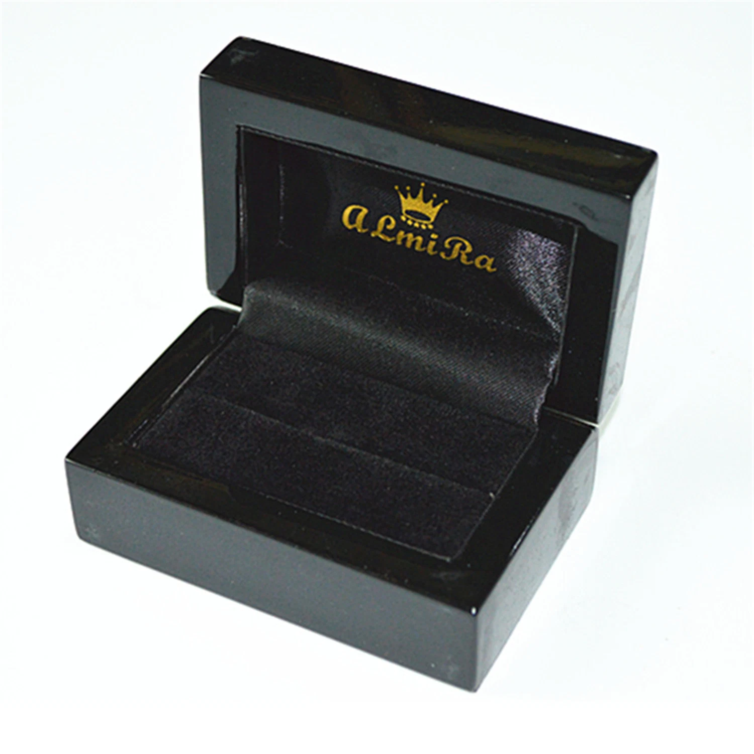 Black Glossy Leatherette Paper Velvet Slot MDF Wood Double Rings Jewelry Box