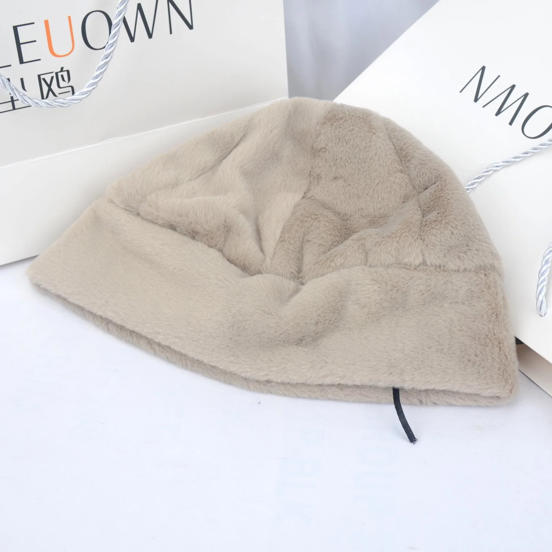 Soft Faux Fur Women's Natural Turn-up Brim Logo Beanie