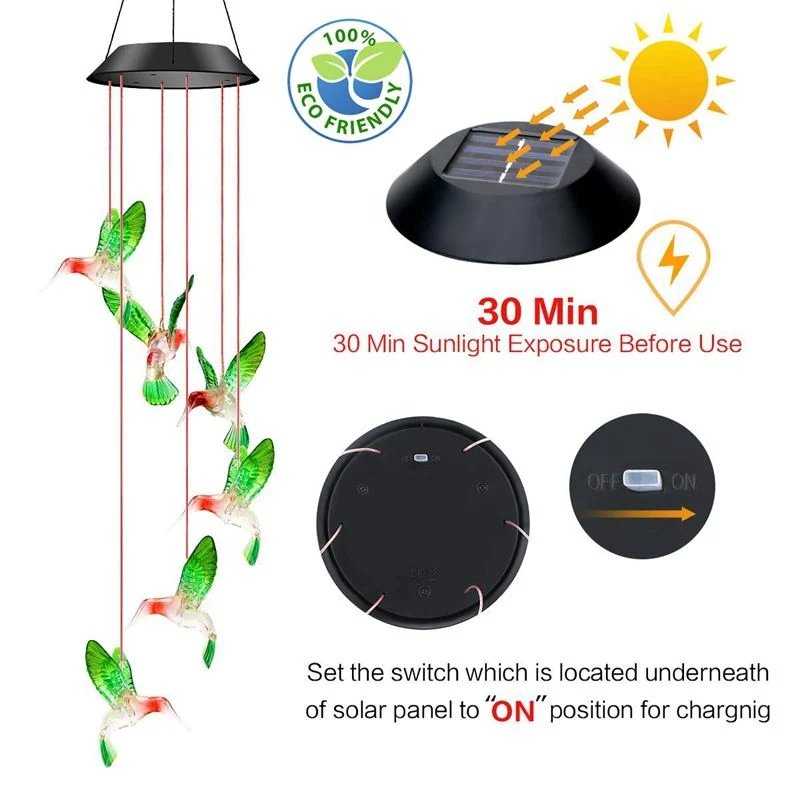 LED Solar Wind Chime Crystal Ball Hummingbird Wind Chime Light Color Changing Waterproof Hanging Solar Light for Home Garden