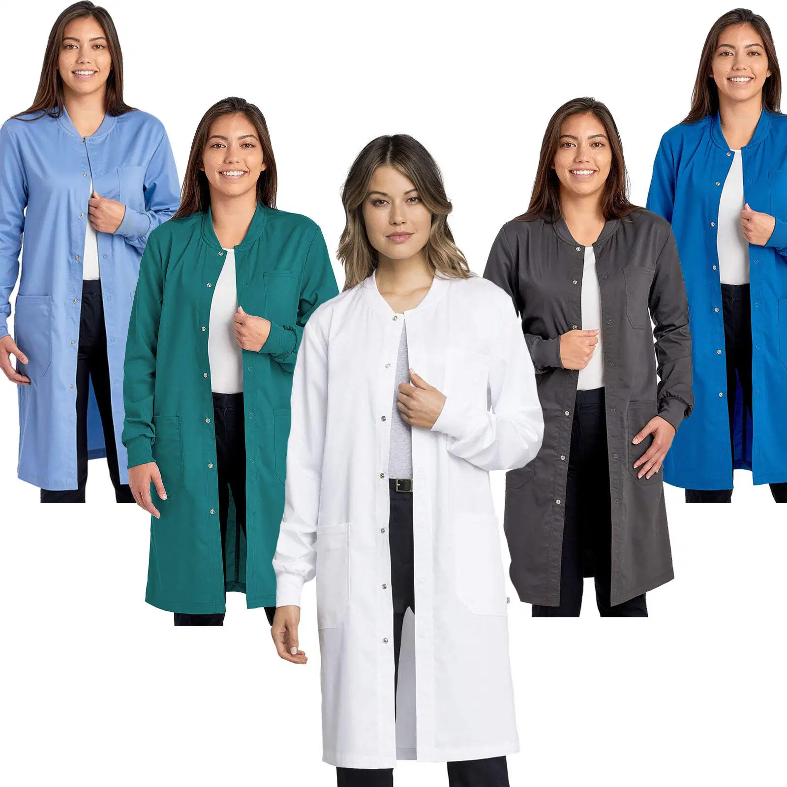 Unisex Snap Front enfermera médica friegue los uniformes del personal del Hospital Bata de laboratorio blanco