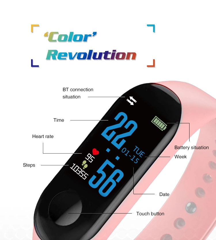 Pantalla color HD Impermeable IP67 M3 Smart brazalete con el oxígeno en sangre/de la presión arterial/Monitor de ritmo cardíaco, el deporte podómetro contador de pasos para Android/Ios