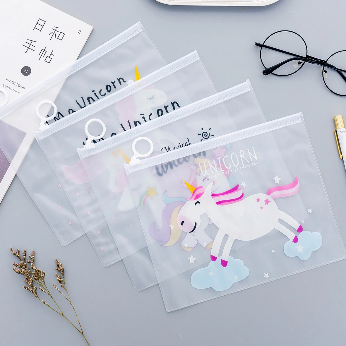 Pink Unicorn Ring Zipper Bag Transparent Pencil Case