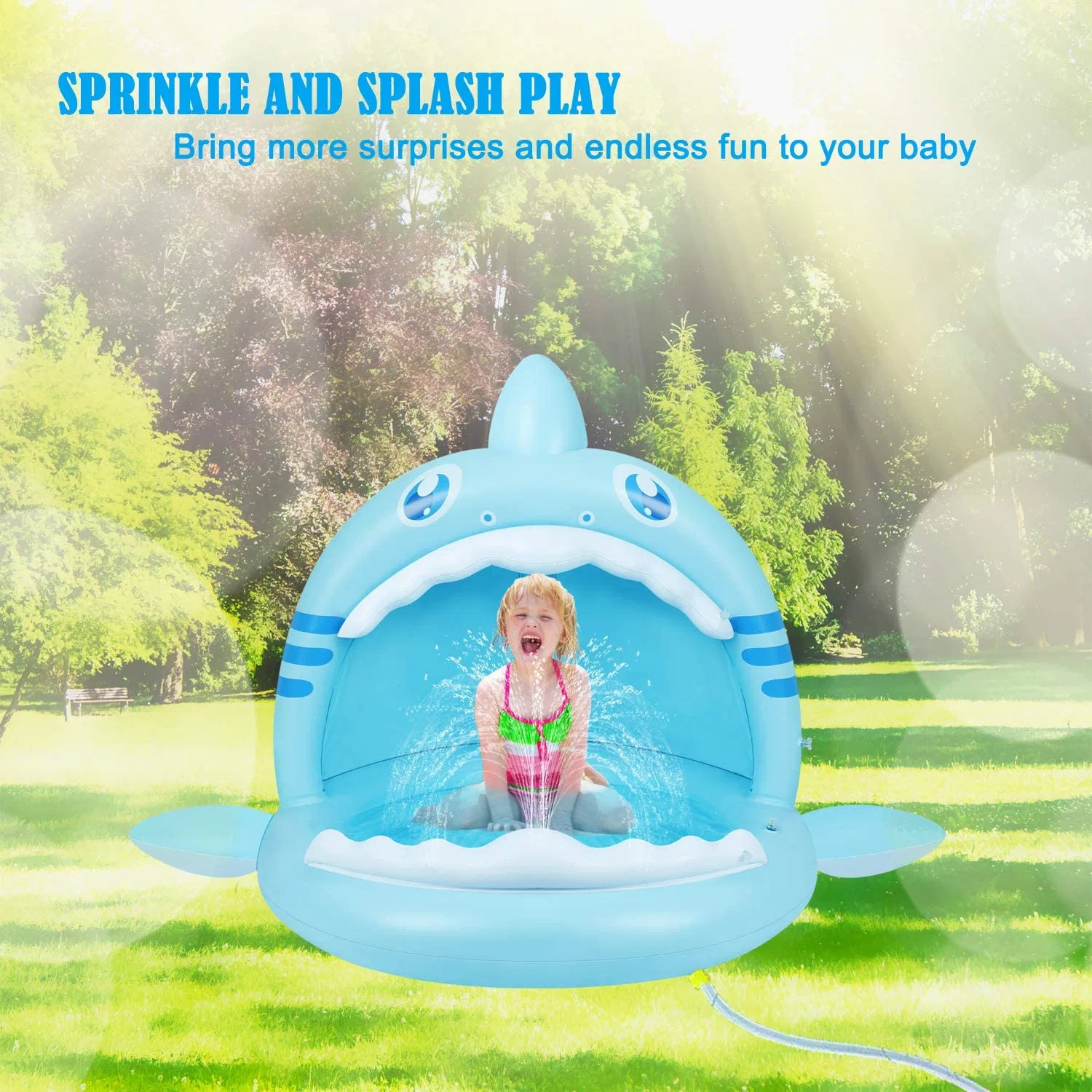 Shark Splash Toddlers Swimming Pool with Canopy Portable Inflatable Kiddie Paddling Pool with Water Sprinkler