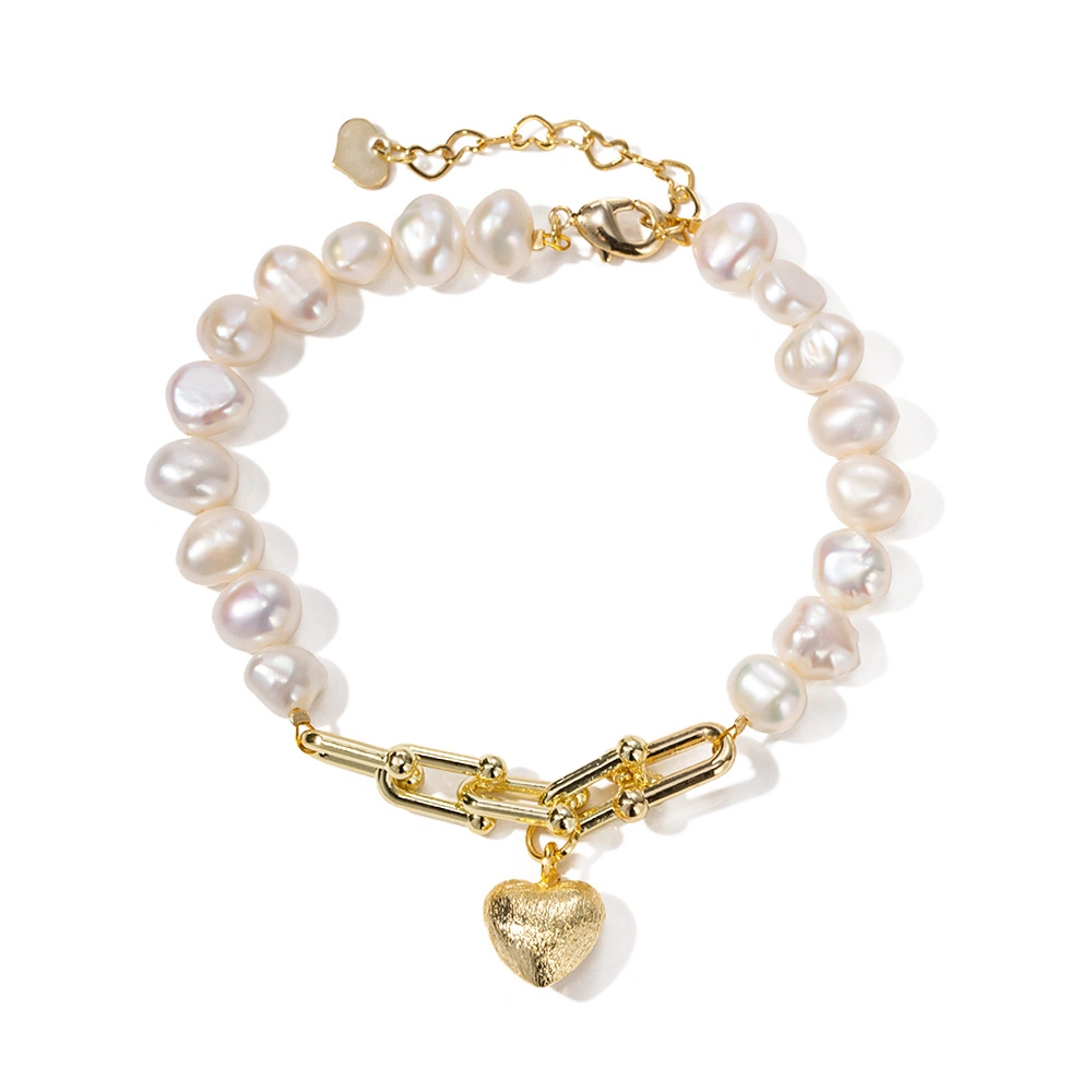 Fashion 18K Gold Plated Brass Natural Baroque Freshwater Pearl Chain Link Heart Charm Bracelet Jewelry for Women