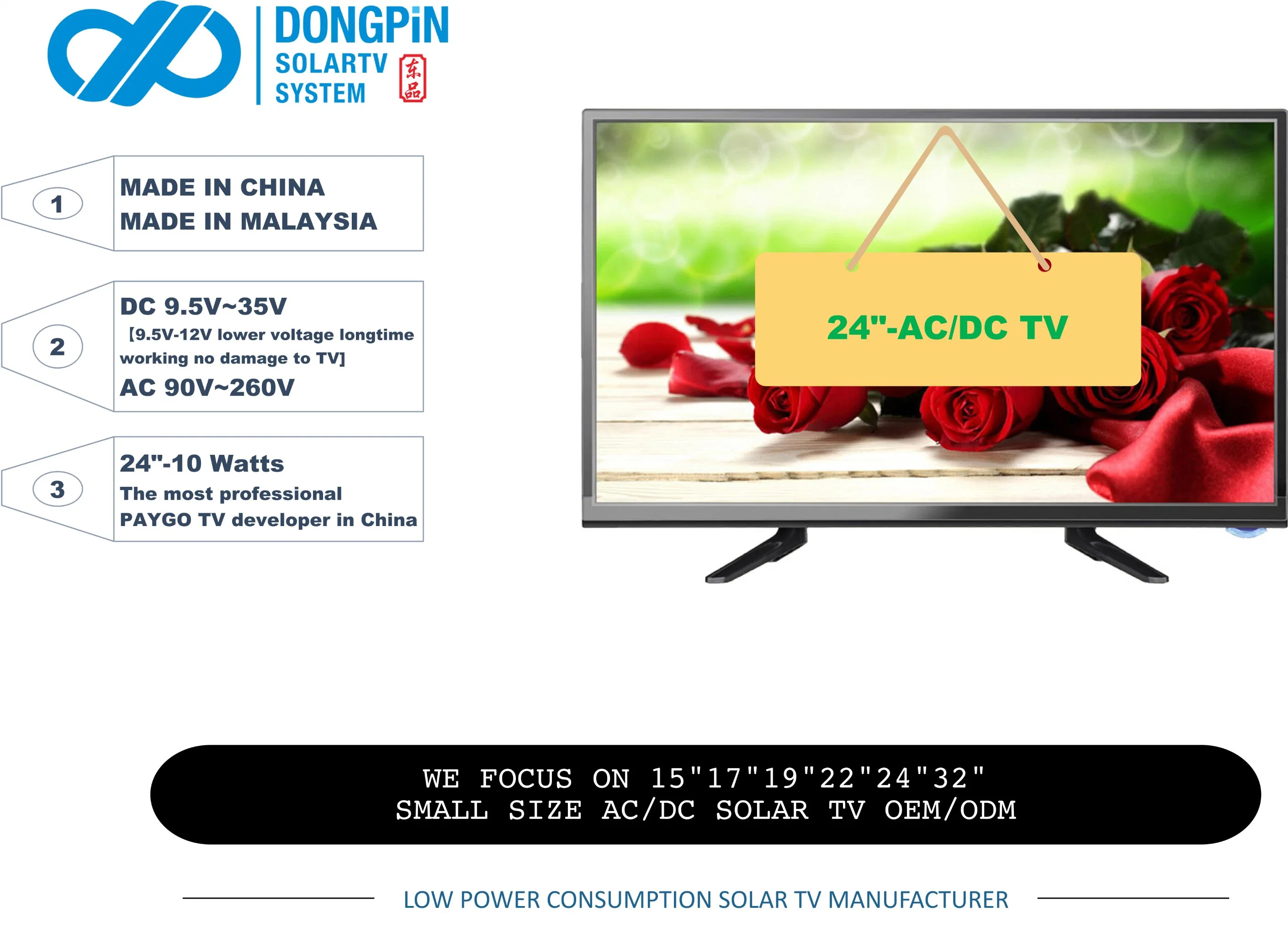 Pcv High-Quality Small Size 15" 17" 19" 24" LCD LED TV Solar TV AC/ DC Charge Suitable for Home Hotel Commercial