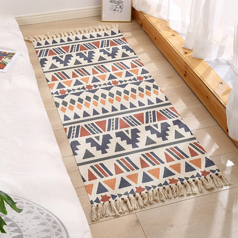 Cotton and Linen Tassel Woven Floor Mat Door Bedroom Tapestry Decorative Blanket Tea Living Room Carpet Area Rug