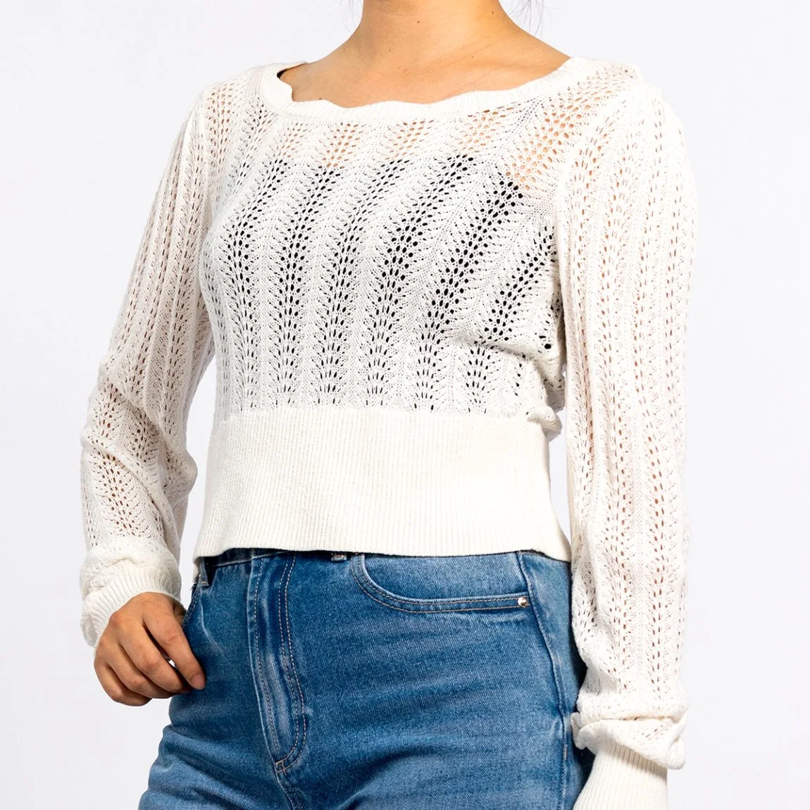 Women Spring Summer Knitted Round Neck Hollow Wave Collar Edge Short White Sweater Pullover