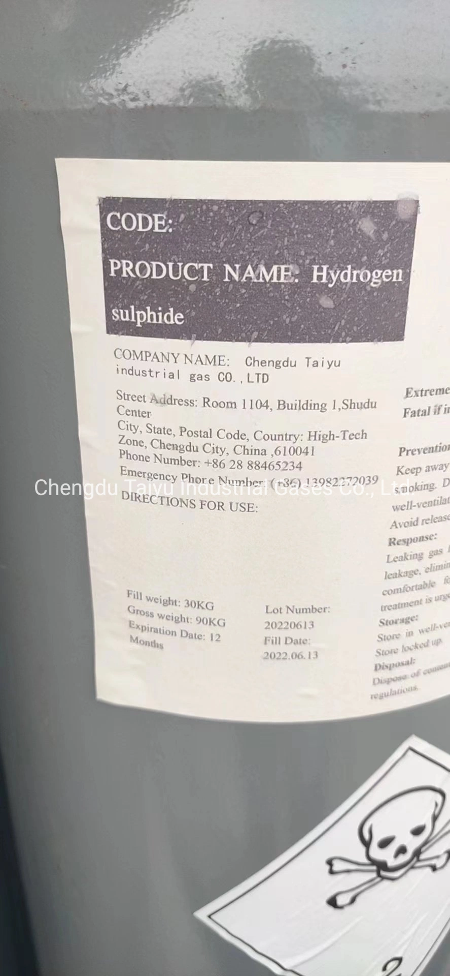 China fábrica de gás industrial o Melhor Preço Un1053 Grau industrial 98%/99,5% H2s anidro gás de sulfureto de hidrogénio