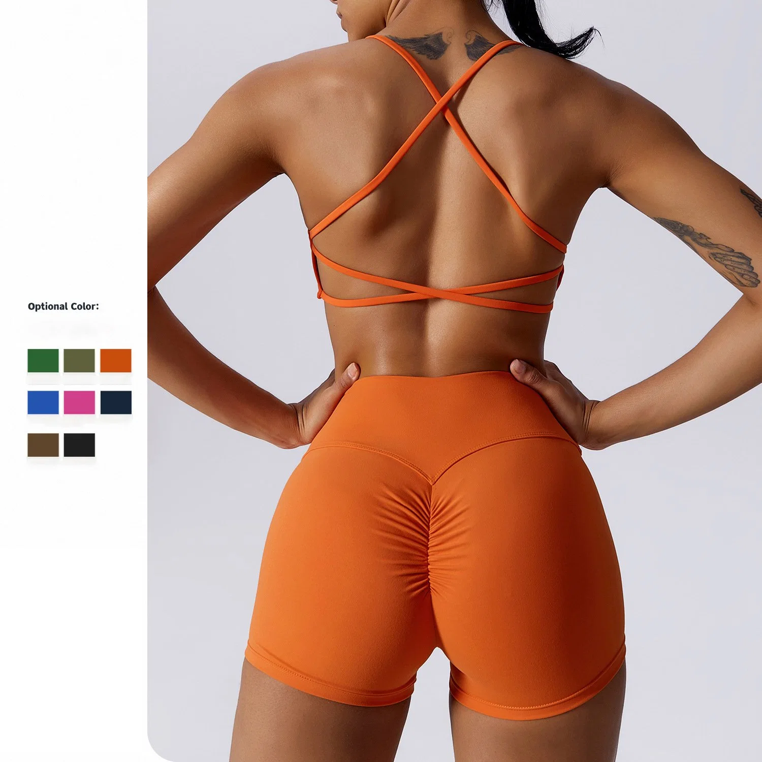 Fashion Quick Dry Sexy Crisscross Sports Bra Scrunch Butt Shorts Two Piece Set Fitness Yoga Wear