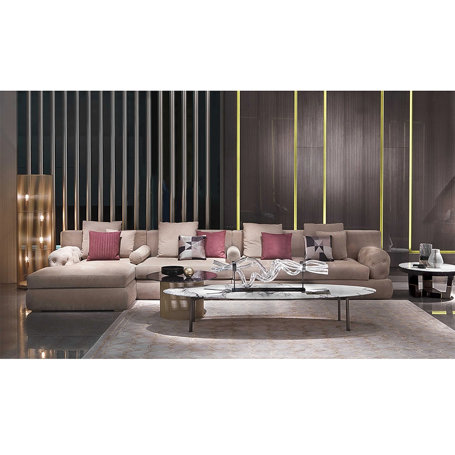Luxus-Stil Leder Stoff Villa Wohnzimmer Sofas Hotel Lobby Knopf Design Armlehne Sofa L Form Sektional Couch Lounge Custom Sofa-Set Möbel für zu Hause