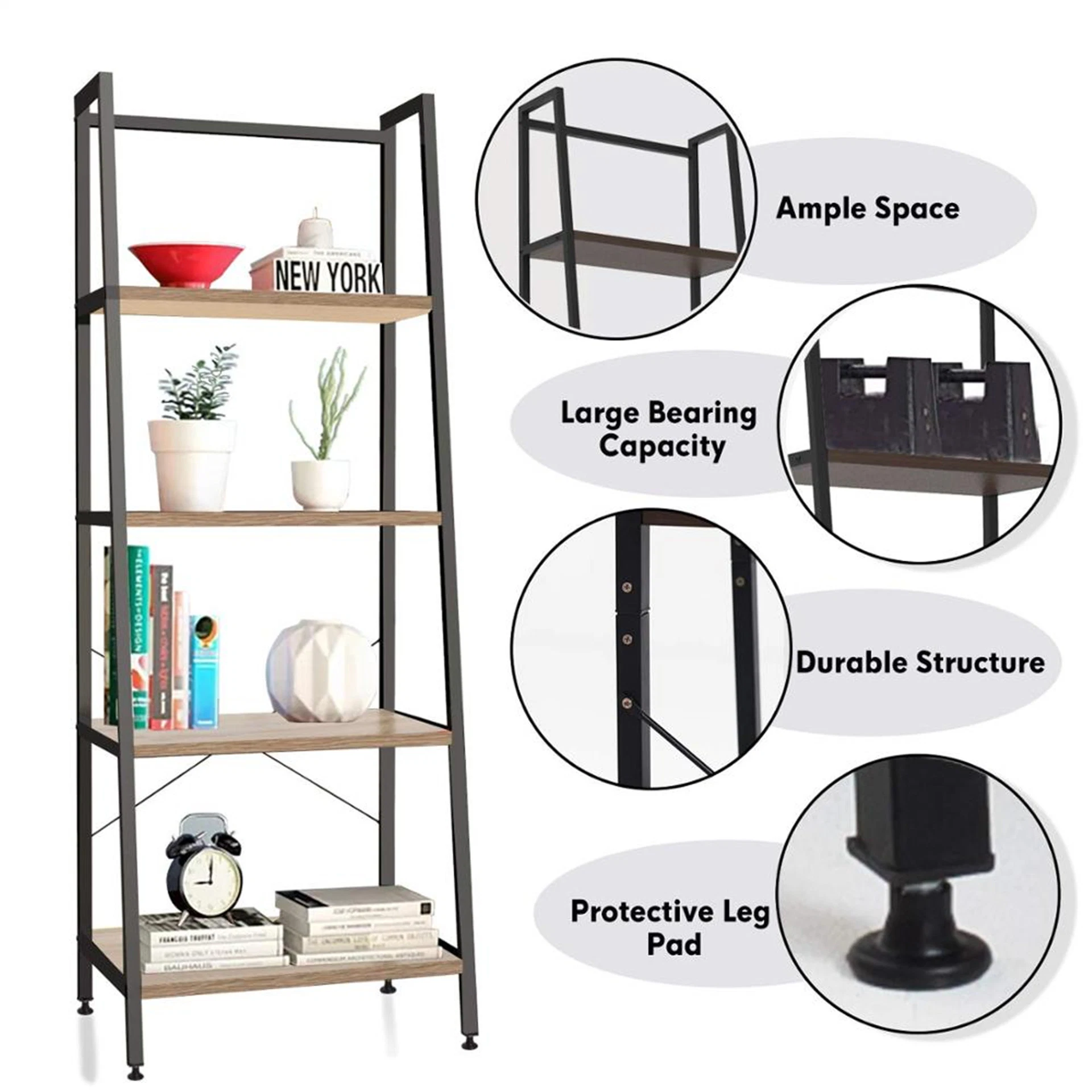 4 Tier Wooden Ladder Bookshelf Metal Frame Industrial Bookshelf Display Rack