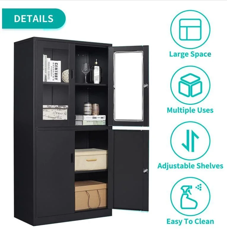 Black Glass Door Metal File Cabinet with Two Mesh Doors Locking Steel File Storage Cabinet with 4 Doors and Adjustable Shelves,