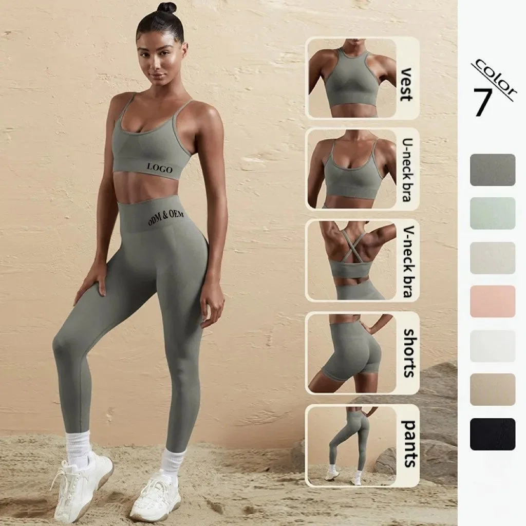 Seamless Women Yoga Set Workout Vest Sport Pants Bra Gym Suits Fitness Shorts Crop Top High Waist Running Leggings Sports Sets Clothing